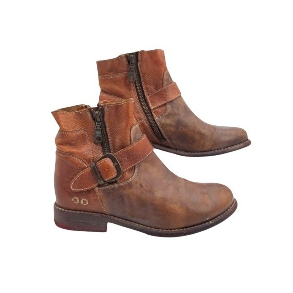 Bedstu Womens 7 Brown Becca Distressed Leather Buckle Moto Ankle Boots
